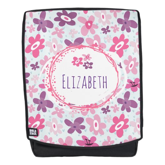 Rosa Blume und blaue Herzen Niedlich Personalisier Rucksack (Vorderseite)