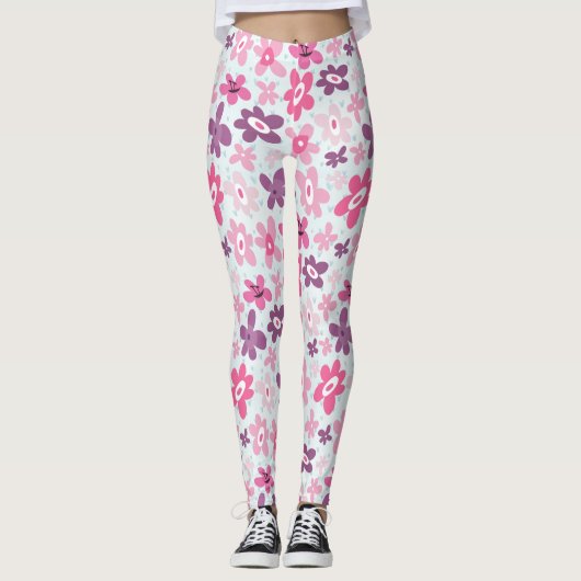 Rosa Blume und blaue Herzen Niedlich Whimsical Leggings (Vorderseite)