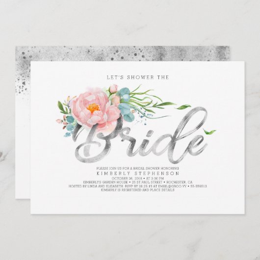 Rosa Blume und Brautparty für Glitzer mit Silberfo Einladung (Vorne/Hinten)