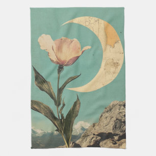 Rosa Blume und Crescent Moon Geschirrtuch