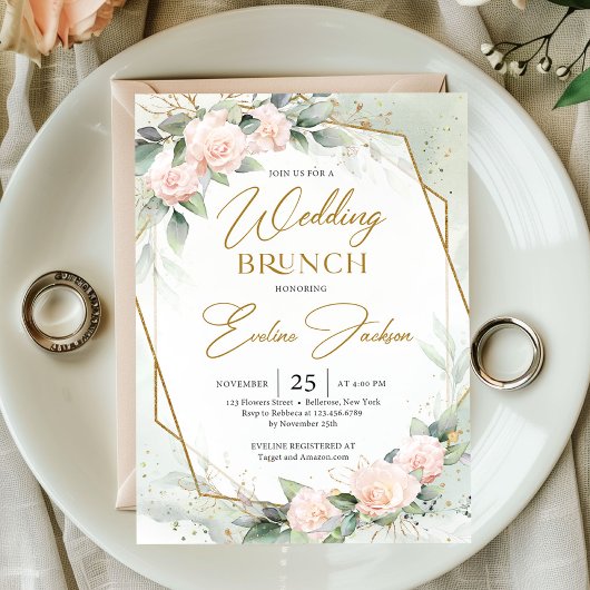 Rosa Blume und Eukalyptus-Hochzeitsbrunch Einladung