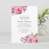 Rosa Blume und Federn. Boho Blütentaufe Einladung (Stehend Vorderseite)
