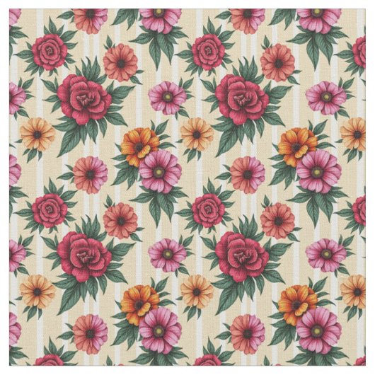 Rosa Blume und Gold auf Tan Strips Stoff (Nahaufnahme)