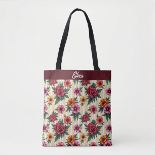 Rosa Blume und Gold auf Tan Strips Tasche