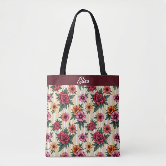Rosa Blume und Gold auf Tan Strips Tasche (Vorderseite)