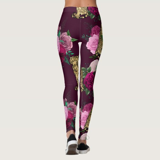 Rosa Blume und Gold Big Cats Print Workout Leggings (Rückseite)