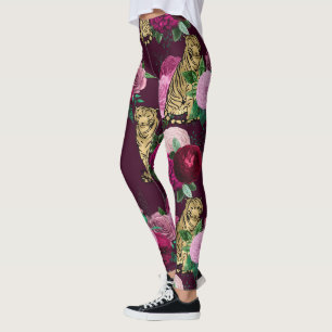 Rosa Blume und Gold Big Cats Print Workout Leggings