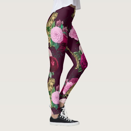 Rosa Blume und Gold Big Cats Print Workout Leggings (Rechts)