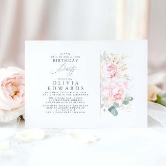 Rosa Blume und Gold Blätter Elegante Geburtstag Einladung
