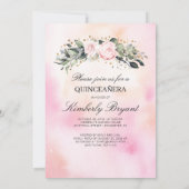 Rosa Blume und Gold Confetti Quinceanera Foto Einladung (Rückseite)
