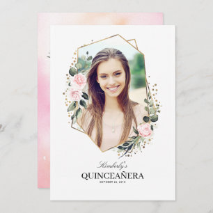 Rosa Blume und Gold Confetti Quinceanera Foto Einladung