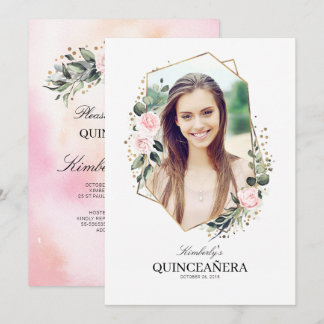 Rosa Blume und Gold Confetti Quinceanera Foto Einladung