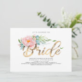 Rosa Blume und Gold Glitzer Modernes Brautparty Einladung (Stehend Vorderseite)