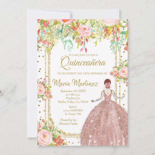  Rosa Blume und Gold Glitzer Quinceanera  Einladung (Vorderseite)