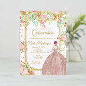  Rosa Blume und Gold Glitzer Quinceanera  Einladung (Stehend Vorderseite)