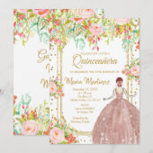  Rosa Blume und Gold Glitzer Quinceanera  Einladung (Vorne/Hinten)