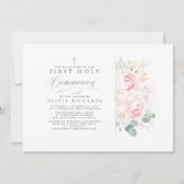 Rosa Blume und goldene Grünpflanzen Erste Kommunio Einladung (Vorderseite)