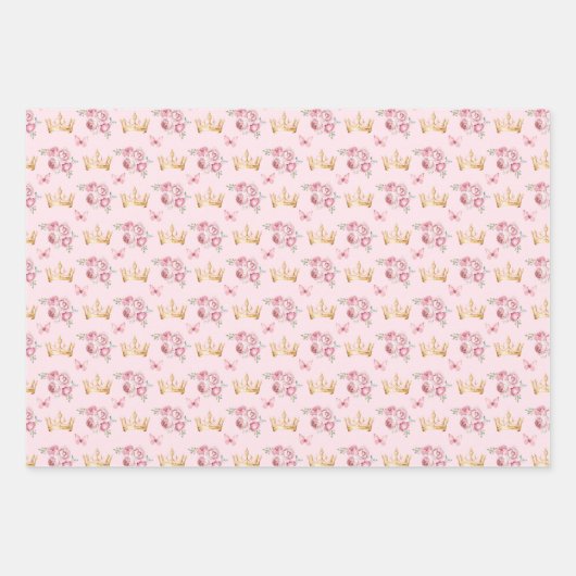 Rosa Blume und Goldkronen Geschenkpapier Set (Vorderseite 3)