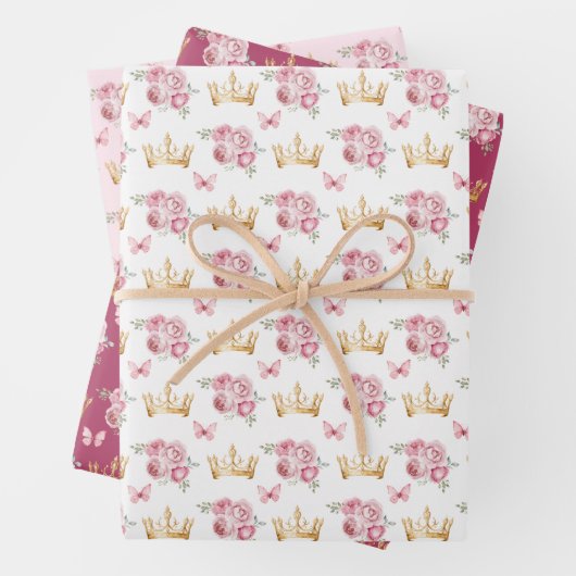Rosa Blume und Goldkronen Geschenkpapier Set (Beispiel)