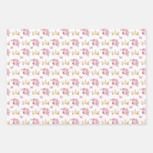 Rosa Blume und Goldkronen Geschenkpapier Set (Vorderseite)