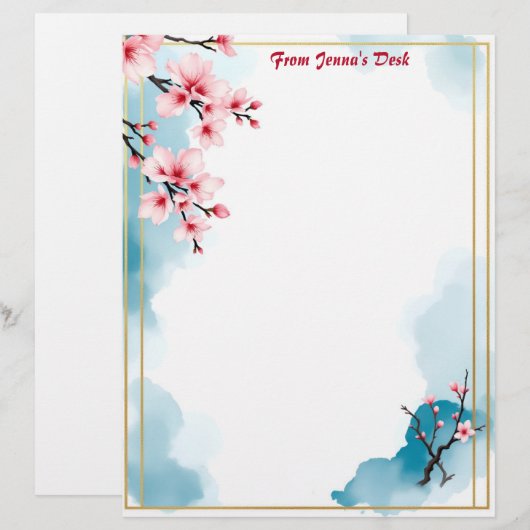 Rosa Blume und Goldrahmen Briefbogen (Vorne/Hinten)