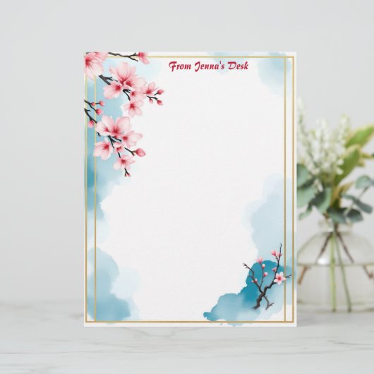 Rosa Blume und Goldrahmen Briefbogen (Stehend Vorderseite)