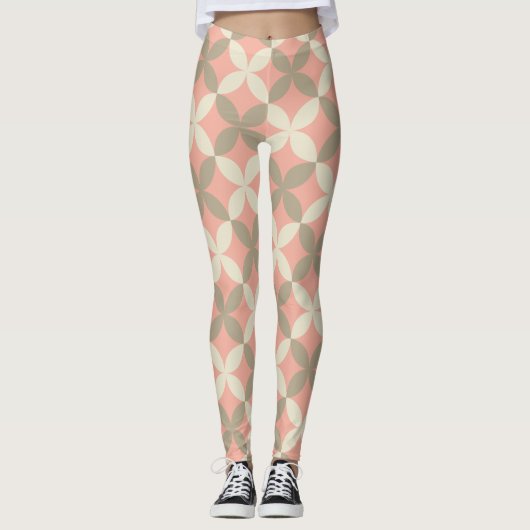 Rosa Blume und graue Blätter gemustert Leggings (Vorderseite)