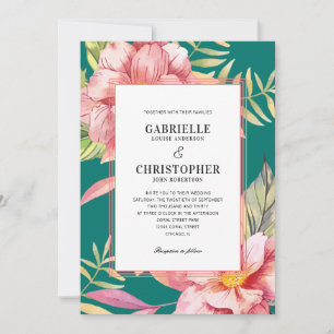 Rosa Blume und Grüne Aquamarine Hochzeit Einladung