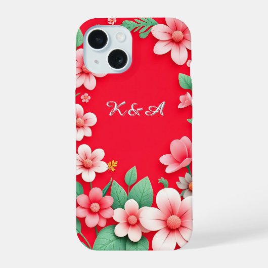 Rosa Blume und grüne Blätter iPhone 15 Hülle (Rückseite)