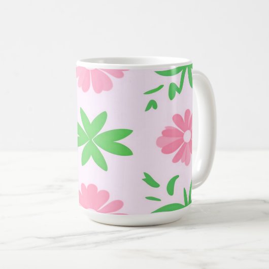 Rosa Blume und grüne Blätter - nahtloses Muster Kaffeetasse (VorderseiteRechts)