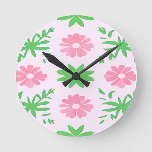 Rosa Blume und grüne Blätter - nahtloses Muster Runde Wanduhr (Vorderseite)