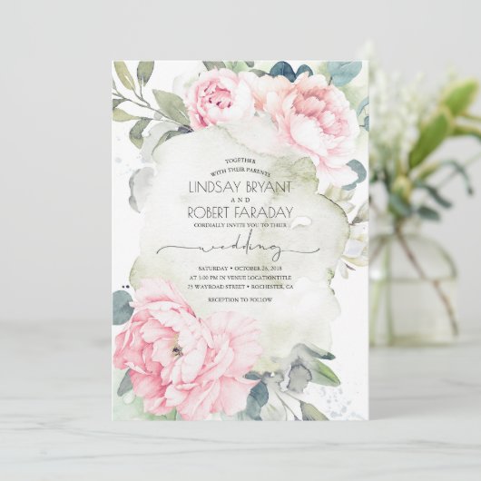 Rosa Blume und Grüne Ristorante La Lanchetta Einladung (Stehend Vorderseite)