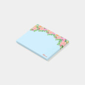 Rosa Blume und Kalligraphie in hellblau Post-it Klebezettel (angewinkelt)