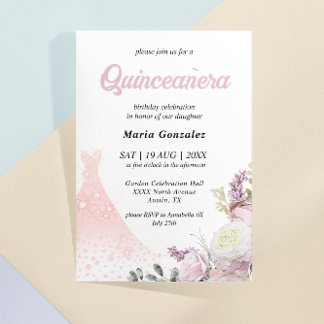 Rosa Blume und Kleidung Quinceañera Einladung