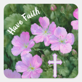 Rosa Blume und Kreuz haben Glaubensaufkleber Quadratischer Aufkleber
