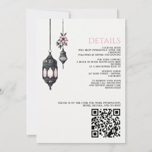 Rosa Blume und Laternen QR Code Hochzeit Einladung (Rückseite)