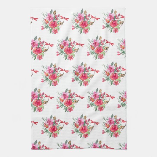 Rosa Blume und Libellen Geschirrtuch (Vertikal)