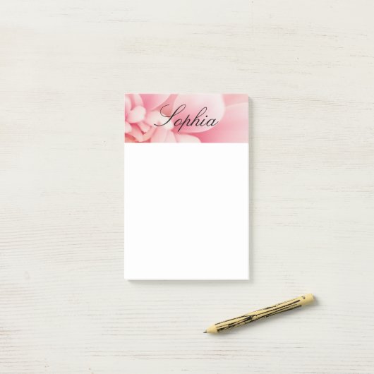 Rosa Blume und Name des schwarzen Skripts Post-it Klebezettel (Auf Schreibtisch)