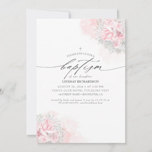 Rosa Blume und Niedliche Gipskraut Taufe des Mädch Einladung (Vorderseite)