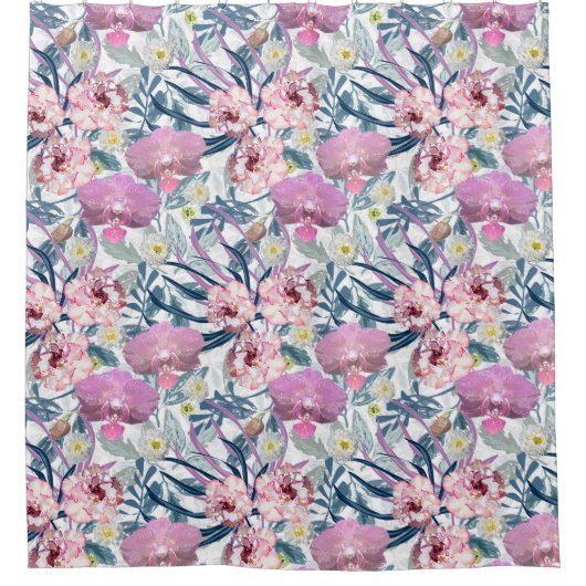 Rosa Blume und Orchideen. Duschvorhang (Vorderseite)