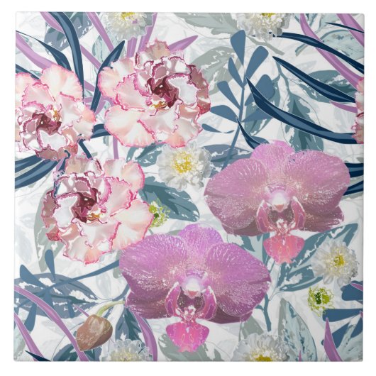 Rosa Blume und Orchideen. Fliese (Vorderseite)