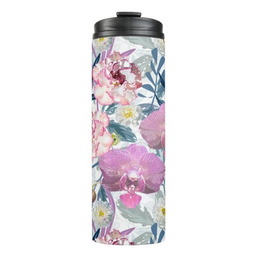 Rosa Blume und Orchideen. Thermosbecher (Vorderseite)