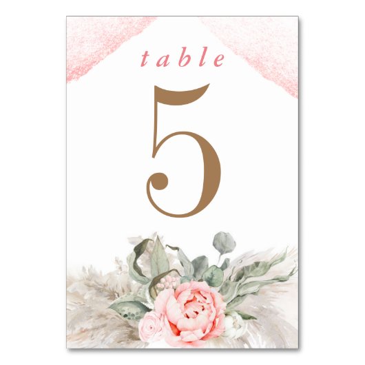 Rosa Blume und Pampas Grass Elegante Tischnummer (Rückseite)
