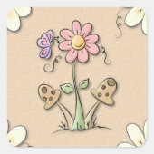 Rosa Blume und Pilze Quadratischer Aufkleber (Vorderseite)