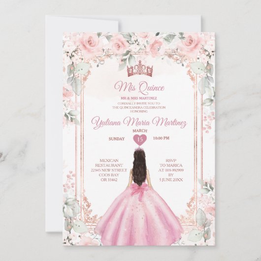 Rosa Blume und Rose Gold Crown Mis Quince Einladung (Vorderseite)