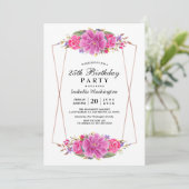 Rosa Blume und Rose Goldene geometrische Geburtsta Einladung (Stehend Vorderseite)