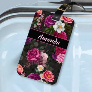Rosa Blume und Rose, schwarz Gepäckanhänger