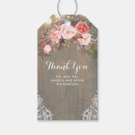 Rosa Blume und rustikale Holzhochzeit Geschenkanhänger