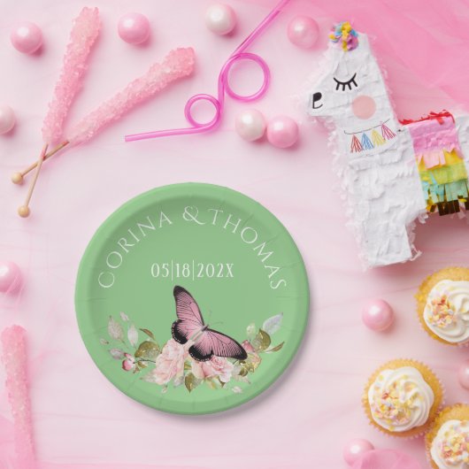 Rosa Blume und Schmetterling auf der Grünen Hochze Pappteller (Party)