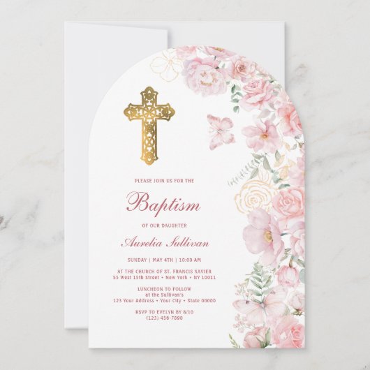 Rosa Blume und Schmetterlinge Archtaufe Einladung (Vorderseite)